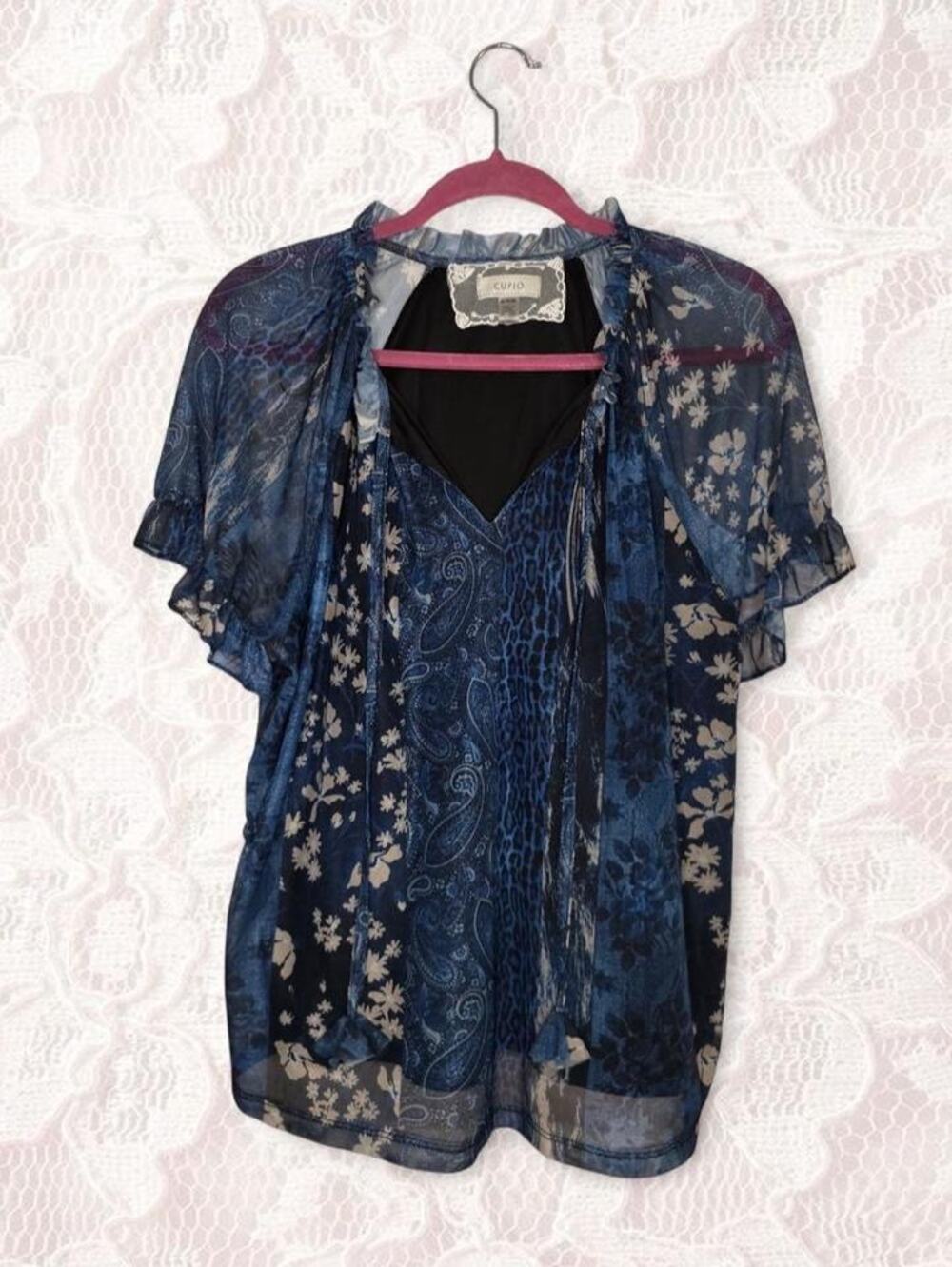 Cupio Blue Patchwork Floral Paisley Leopard Blouse XL Semi-Sheer Boho